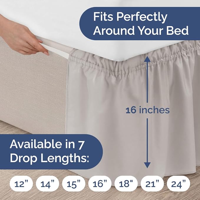 Wrap Around Dust Ruffle Bed Skirt - Light Grey - for King Size Beds w/ 16 Inch Drop - Easy Fit Elastic Strap - Adjustable Pleated Bedskirt with Brushed Fabric, Wrinkle Free Women, Men, Kids and Teens