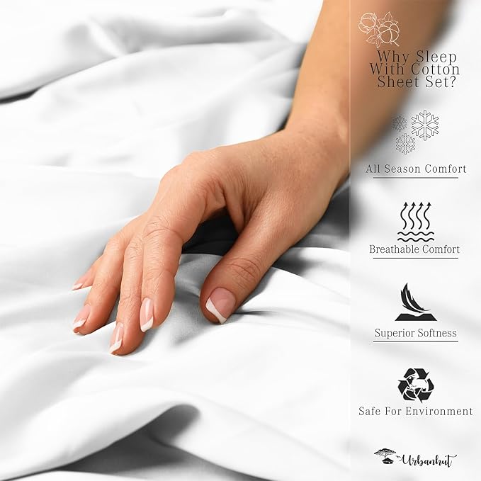 URBANHUT 800 Thread Count 100% Cotton Full Size Sheets, Luxury 4 Piece Full Bedsheets, Hotel Sheets Sateen Finish - Better Than Egyptian, 16" Elasticized Deep Pocket - White