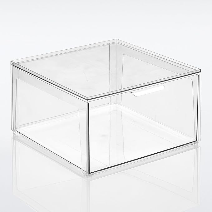 mDesign Plastic Stackable Closet Storage Organizer Bin Containers with Front Pull Drawer for Cabinet, Desk, Shelf, Cupboard, or Dresser Organization - Lumiere Collection - 4 Pack - Clear
