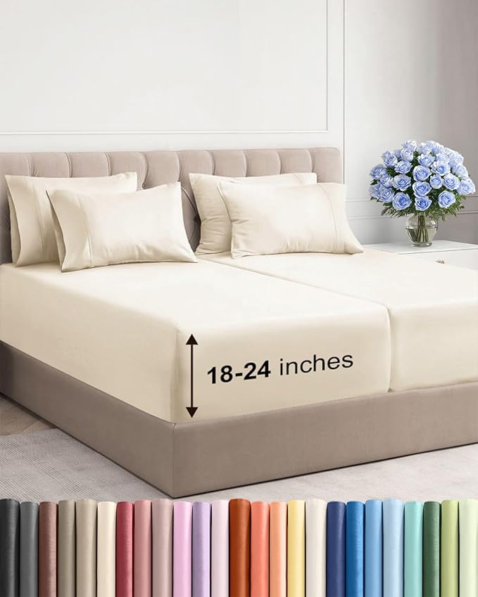 Extra Deep Split King Sheet Set - 7 Piece Breathable and Cooling Sheets - Hotel Luxury Bed Sheets Set - Easy Fit - Soft, Wrinkle Free and Comfy Sheets Set - Off White Sheet Set with Extra Deep Pockets
