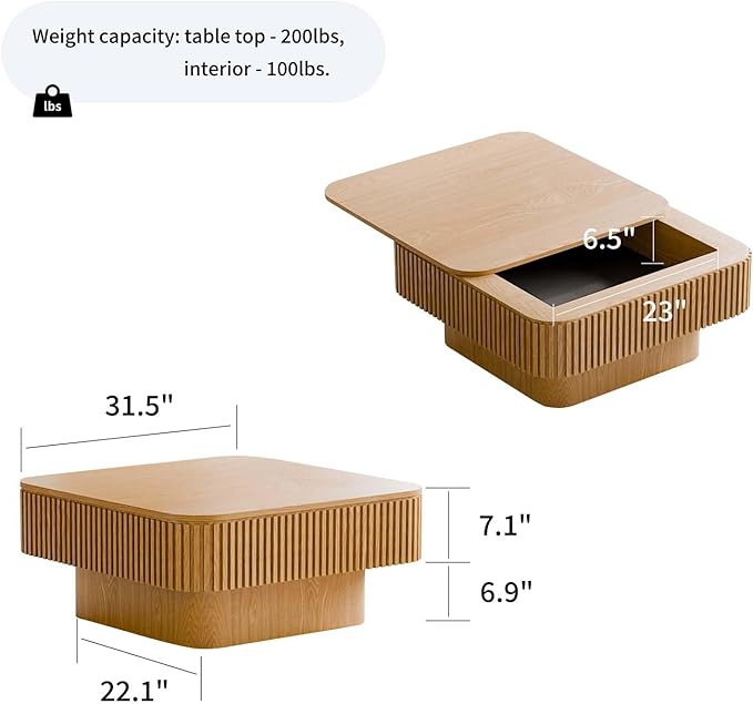 Square Small Coffee Table with Storage, Modern Wooden Coffee Table with Solid Wood Veneered, Fluted Center Table Drum Tea Table for Living Room Apartment, 31.5''L×31.5''W×14''H