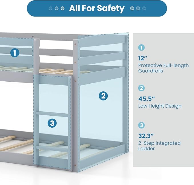 KOMFOTT Low Bunk Bed Twin Over Twin, Solid Wood Bunk Bed Frame with Built-in Ladder & Safety Guardrails, Space-Saving Low Bunk Bed for Kids, Teens, No Box Spring Needed