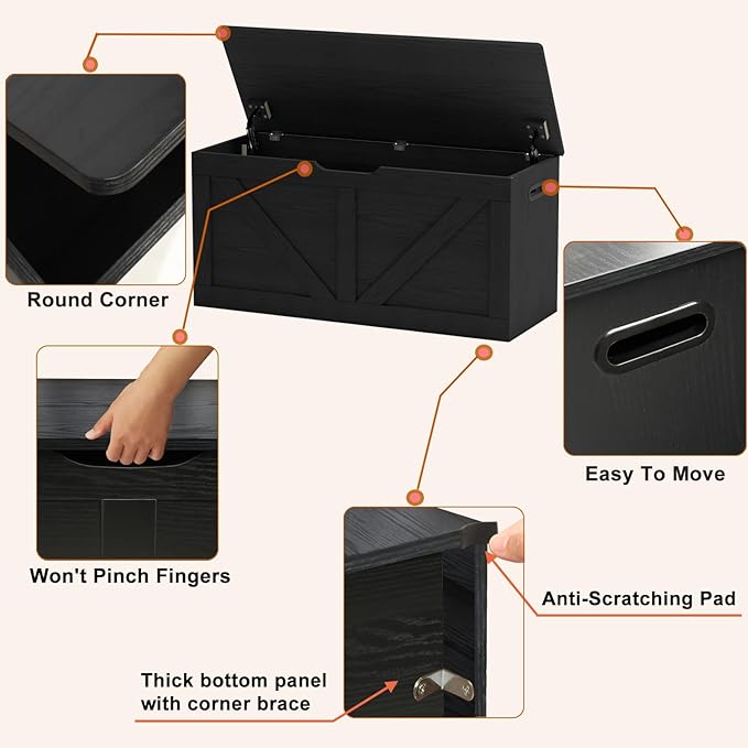 Timberer 39.4" Storage Chest, Wooden Storage Bench, Large Storage Trunk with 2 Safety Hinges, Entryway Shoes Bench for Living Room, Bedroom, Black