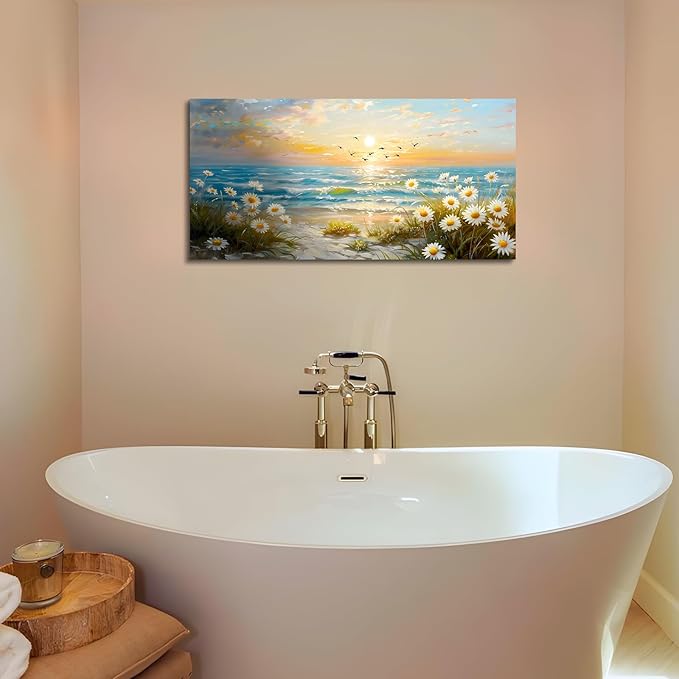 SERIMINO Large Canvas Wall Art Prints, Ocean Sunset Landscape Canvas Prints Paintings, Coastal Daisy Paintings Decor, Seaside Wildflowers Wall Decor for Bedroom Living Room Dining Room 20"X40"
