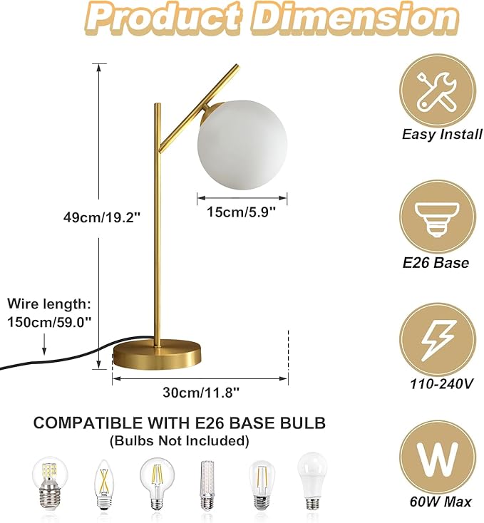 Globe Table Lamp Set of 2, Brass Glass Globe Desk Lamp with Milky White Glass Shade, Contemporary Metal Bedside lamp for Bedroom Living Room Study Room