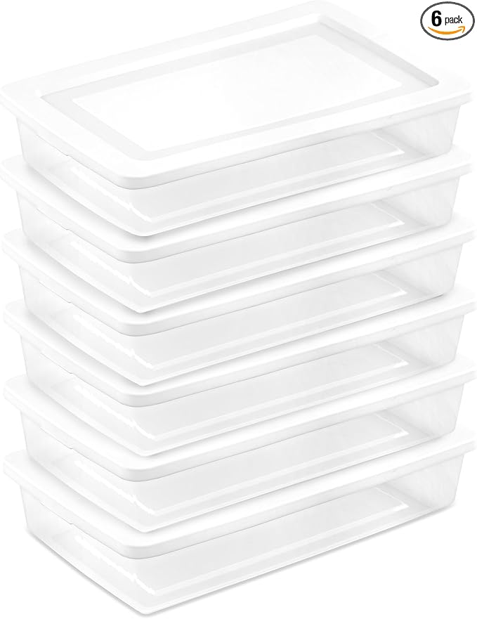 Sterilite 6 Pack Storage Box, 41 Quart Stackable Tote, Clear Plastic Container with Secure Snapping Lids for Home and Office Organization, White