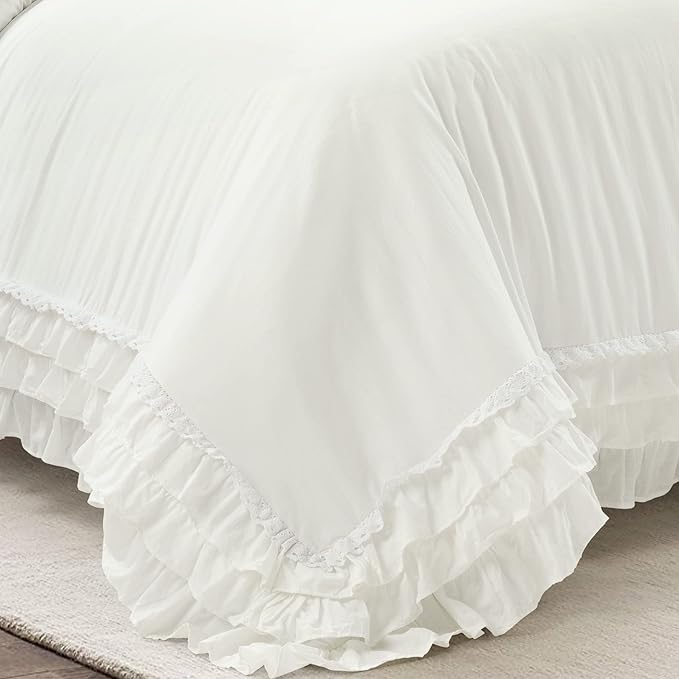 Lush Decor Ella Ruffle Lace 100% Cotton Duvet Cover, 3 Piece Set, King, White - Cute Duvet - King Bedding Set - Gray Bedding - Coquette Decor - Ruffle Trim - White Lace Trim