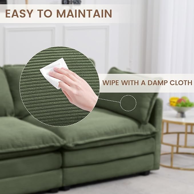ROWHY Sectional 2 Seat Cloud Loveseat with 2 Throw Pillows, Modern Corduroy Love Seat Sleeper Bed, Convertible Cozy Sofa for Living Room and Office, Green
