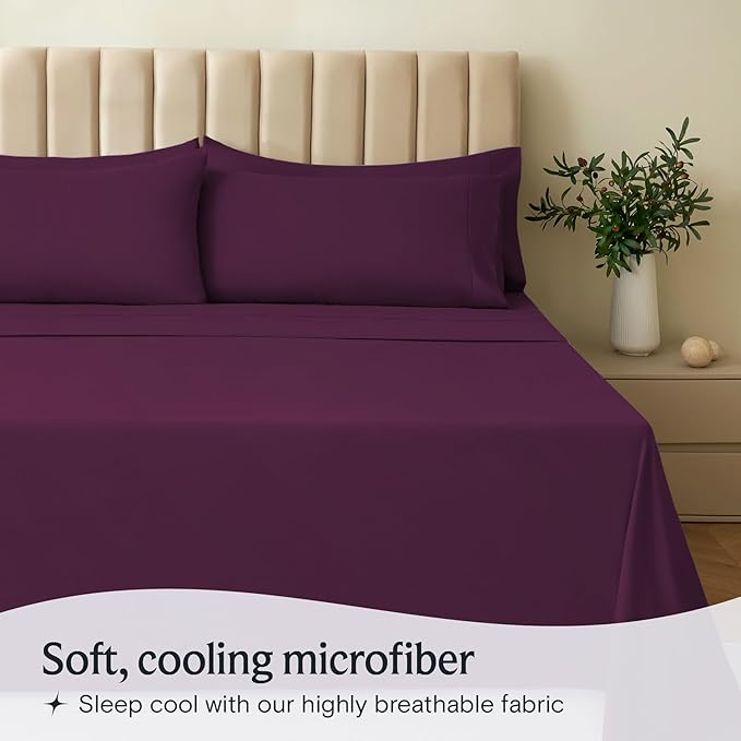LuxClub 4 PC King Sheet Set, Deep Pockets Wrinkle Free Cooling Bed Sheets Hotel Bedding for Women, Men, Includes 1 Fitted Sheet, 1 Flat Sheet and 2 Pillowcases-Soft Eggplant