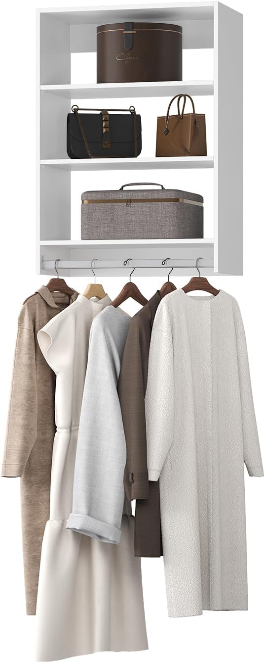 Medium Double Hanging Closet Unit, Modular Closet System, Wood Closet System Organizer with Storage for Walk In Closets, Clothing Rack Closet for Hanging Clothes, Bedroom, White, 31.5"W