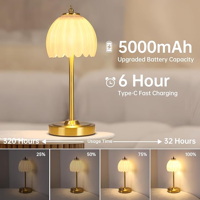 Set of 2 Tulip Table Lamp with 5000mAh Battery & Touch Control, Cordless Small Table Lamp with 3 Colors, Dimmable Rechargeable Table Lamps for Bedroom, Desk, Bedside (White Tulip)