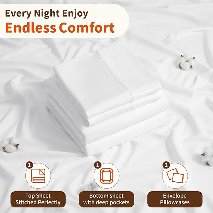 LBRO2M 100% Cotton Sheets Set Deep Pocket 24", 1000 Thread Count Queen Size 4 Piece Bed Sheet Sets Soft Comfortable Bedding All Season (Queen, White)