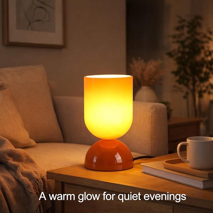 8.9" Modern Glass Table Lamp for Living Room, Dimmable Desk Lamps for Bedroom, UL Listed Nightstand Lamp with Dome Base, End Table Lamps for Home, Side Tables, College Dorm, Office, Glossy Orange