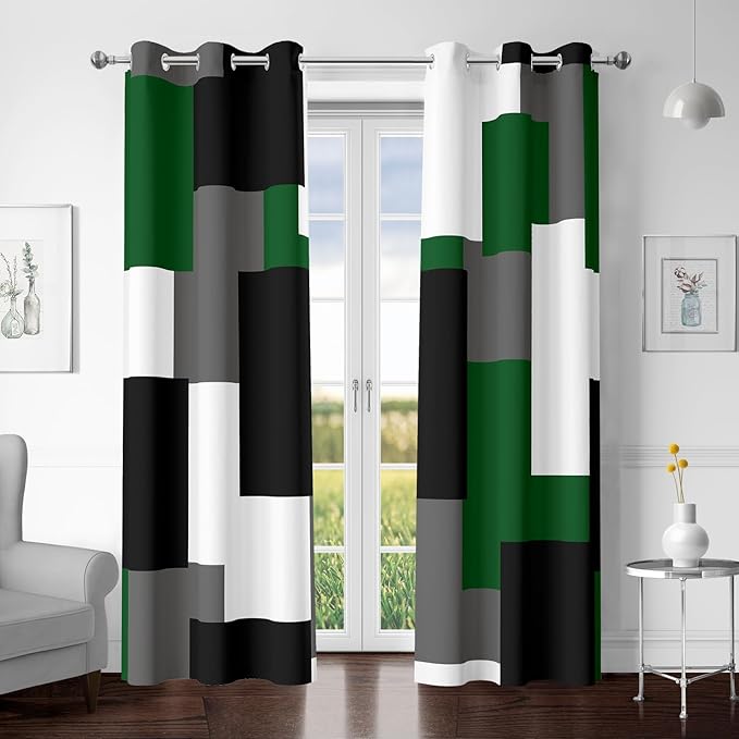 Green 100% Blackout Curtains for Bedroom 84 inch Length 2 Panels Set White Grey Modern Abstract Geometric Black Out Curtains Insulated Room Darkening Window Drapes for Living Room, 42Wx84L