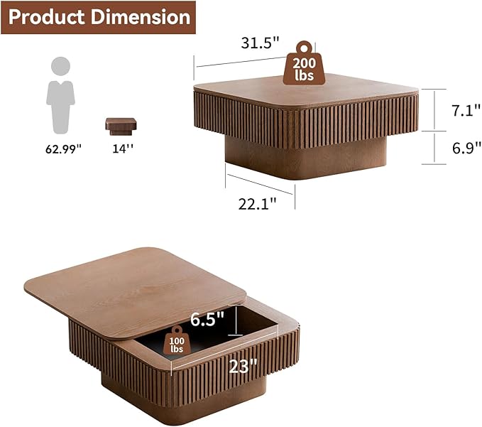 LKTART Coffee Table for Living Room, Accent Fluted Square Coffee Table with Hidden Storage, Modern Solid Wood Veneered Circle Center Tea Table for Small Space Apartment (31.5''D×14''H-Walnut)