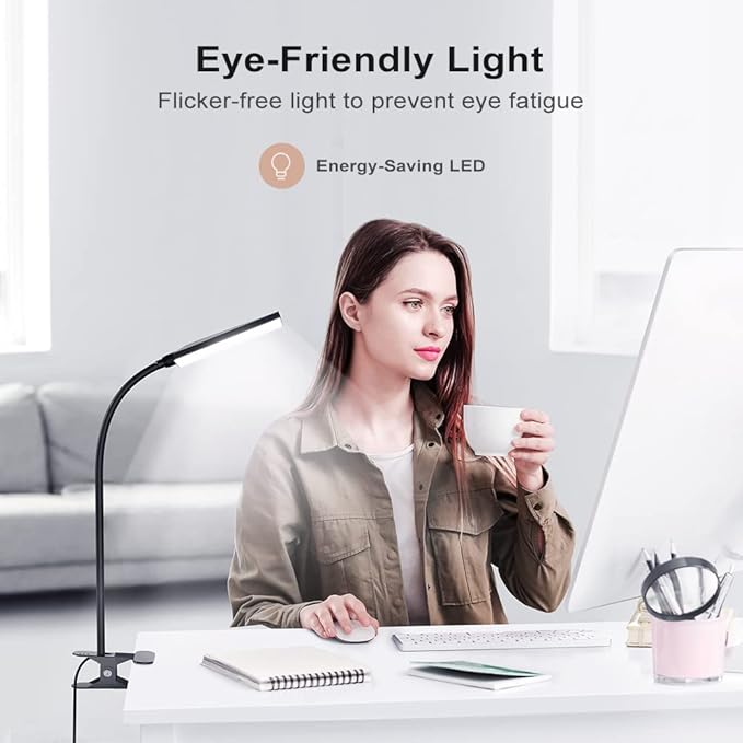 LED Desk Lamp with Clamp for Home Office, Dimmable Clip on Desk Light with USB Port, 3 Color Modes 11 Brightness Flexible Reading Lamp for Studying Working, Black