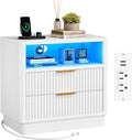 ELYKEN White LED Nightstand with Charging Station, Fluted 24" Wide Bedside Table with 2 Drawers Wood End Table with USB & Type-C Port for Bedroom
