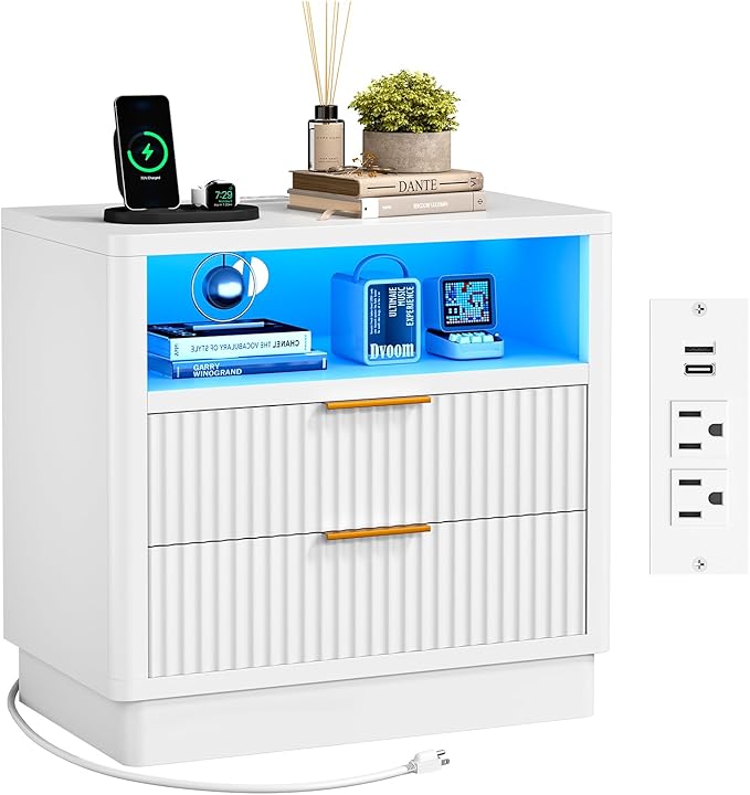 ELYKEN White LED Nightstand with Charging Station, Fluted 24" Wide Bedside Table with 2 Drawers Wood End Table with USB & Type-C Port for Bedroom