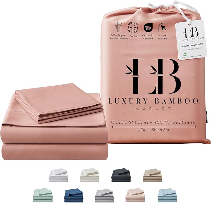 Luxury Bamboo Market | Queen Size Bed Sheet Set | 100% Viscose Made from Bamboo | Organically Grown | Ultra Soft | Cooling Sheets for Hot Sleepers | 17" Deep Pocket [Rose Quartz]