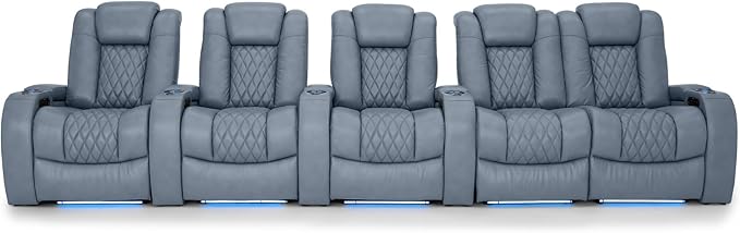 Seatcraft Diamante Zero-Gravity CoolZero Italian Leather Home Theater Seating, Power Headrest, Power Recline, Row of 5 Right Loveseat, Smokey Blue