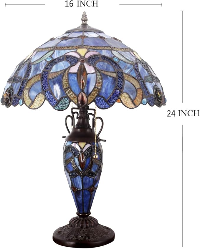 WERFACTORY Tiffany Style Table Lamp Blue Purple Cloudy Stained Glass Mother-Daughter Vase Lamp 16X16X24 Inches Desk Reading Light Decor Bedroom Living Room Home Office S558 Series