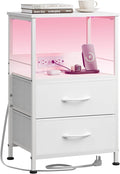WLIVE White Night Stand with Charging Station, LED Nightstand with 2 Fabric Drawers and Storage Shelf, Dorm Bedside Table End Table with 2 USB Ports and Outlets, Small Dresser for Bedroom