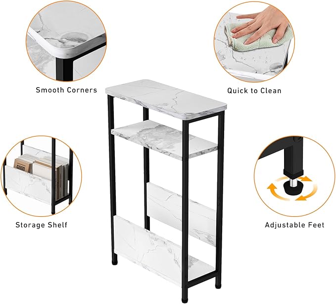 THUMEYE 7.1" Narrow Side Table for Small Spaces, 3 Tier Small End Table with Magazine Holder, Slim/Skinny Nightstand/Bedside Table for Living Room, Bedroom, 15.4" L x 24.2" H, Faux White Marble