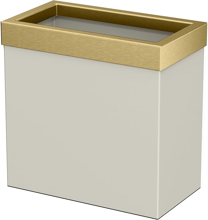 Gatco Modern Rectangle Wastebasket, Matte Pearl and Brushed Brass Combo - Stainless Steel Trash Can with Removable Lid, Leakproof, 3 Gallon Capacity for Bathroom, Bedroom, Kitchen, or Office