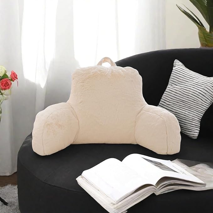 Holawakaka Standard Faux Fur Bed Rest Pillow with Arms, Rabbit Fur Reading Pillows Perfect for Adults, Teens, Kids, Arm, Back, Pregnancy Lumbar & Head Neck Coccyx Lower Back Support Cushion (Ivory)