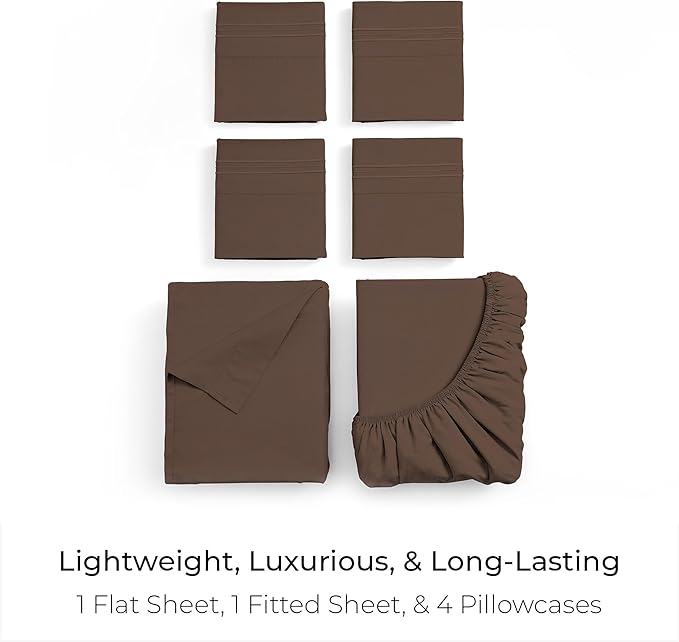 Mellanni Queen Sheet Set - 6-Piece Iconic Collection Bedding, (Including 4 Pillowcases), 16-Inch Deep Pocket, Easy Care, Extra Soft, Cooling Sheets, Brushed Microfiber - Brown