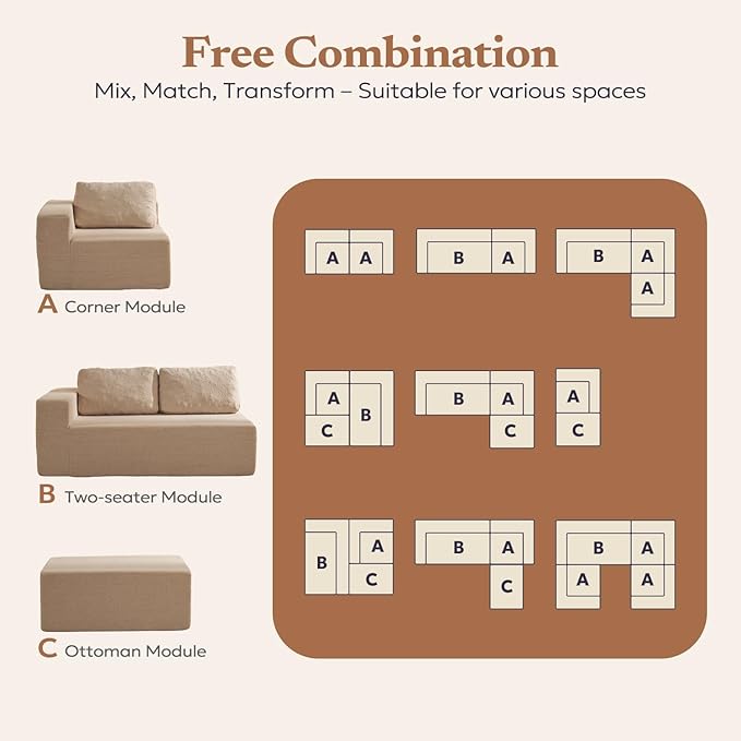 106" 3-Seater Sofa, Cloud Modular Sofa with Certified Foam, Upholstered Floor Sofa with Deep Seat, Upholstered Sofa for Bedroom Living Room, No Assembly Required (Teddy Boucle, Camel)