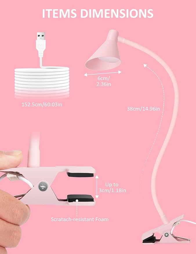 Clip on Light USB Reading Light, Eye Care Dimmable Reading Lamp Flexible Goose Neck Clip on Lamp for Bed Headboard Desk Bedside Dorm - Pink