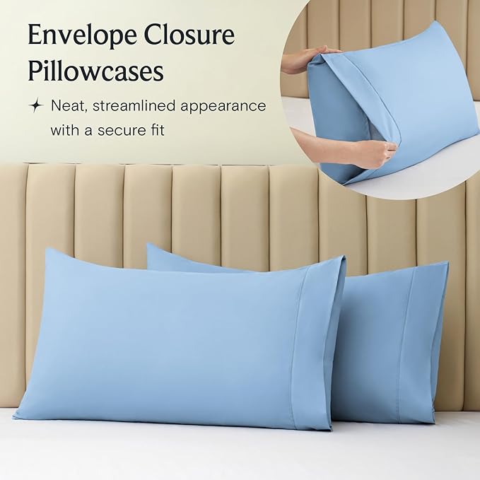 LuxClub 4 PC Full Sheet Set, Deep Pockets Wrinkle Free Cooling Bed Sheets Hotel Bedding for Women, Men, Kids & Teens, Includes 1 Fitted Sheet, 1 Flat Sheet and 2 Pillowcases-Soft Sky