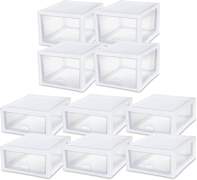 Sterilite 27 Qt (4 Pack) and 16 Qt (6 Pack) Clear Plastic Stackable Organizer Drawers, White