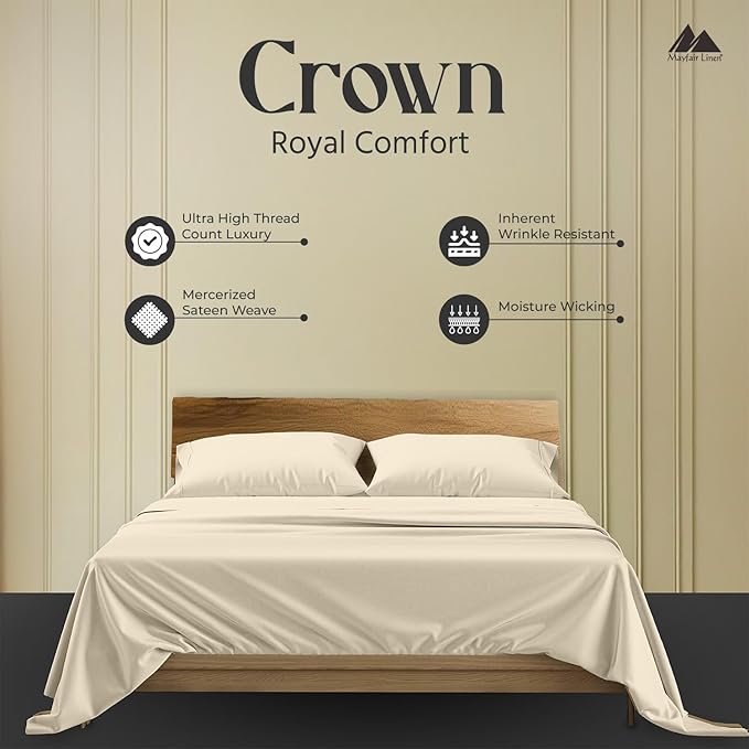 Mayfair Linen 100% Egyptian Cotton King Sheets Set - 2000 Series Luxury Sheets King Size Bed Set, Silky Soft & Cooling, Sateen Weave 17" Extra Deep Pocket Hotel Collection Sheet (4 Pc, Ivory)