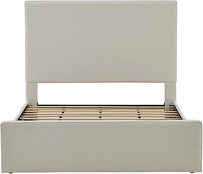 King Size Upholstered Bed Frame, 52" High Headboard Wingback Bedframe, Lucas Tall Headboard Floor Platform Beds, No Box Spring Needed No Noise/Minimalist/Coconut Micro Suede, White