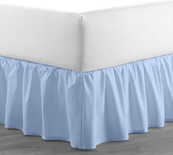 Light Blue Solid Ruffled Bed Skirt Queen-26 Inch Drop Split Corner, Microfiber Bedskirt with Platform Three Sided Coverage