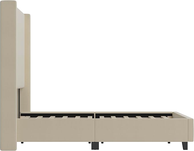 EMMA + OLIVER Nora Full Size Faux Linen Upholstered Platform Bed with Plush Padded Wingback Headboard (No Box Spring Needed), Modern Upholstered Headboard Full Bed Frame, Beige