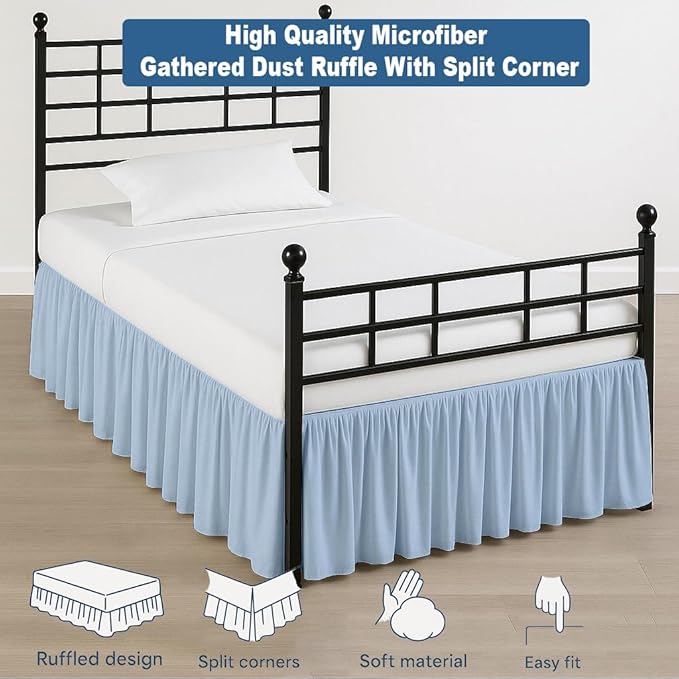 Ruffled Bed Skirt Split Corners with Platform, Tailored Fit Hotel Quality Wrinkle Free Ultra-Soft Microfiber Dust Ruffle, Upto 24 Inch Drop, King, Sky Blue
