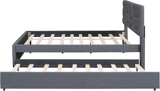 Full Size Bed Frame with Twin Size Trundle,Linen Upholstered Platform Bed Frame Full with Brick Pattern Headboard,Wood Slat Support Included,No Box Spring Needed,Easy Assembly,Gray