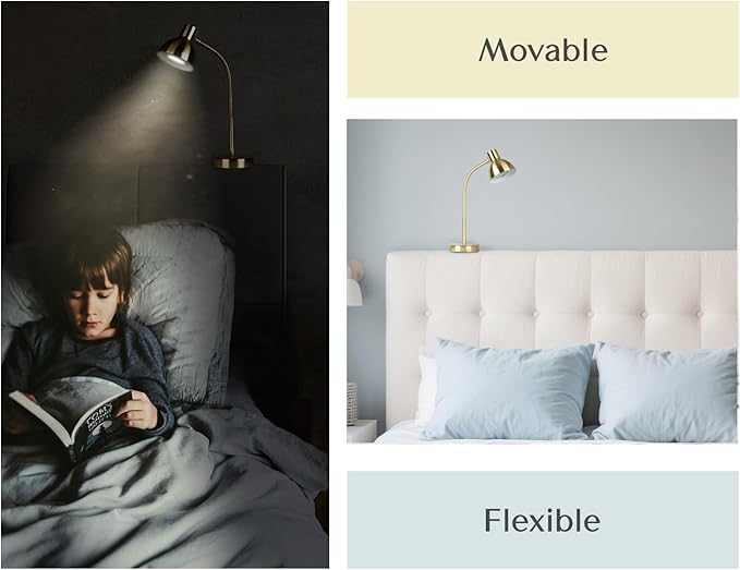 Solfres Patented Innovative Design Headboard Reading Light Pro. No Drilling Book Light for Bedtime Reading. Dimmable LED Book Reading Lamp with Bulb. Movable & Flexible, Gold