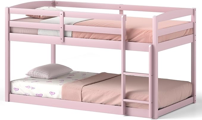 KOMFOTT Low Bunk Bed Twin Over Twin, Solid Wood Twin Bed Frame with Built-in Ladder & Safety Guardrails, Space-Saving Low Bunk Bed for Kids, Teens, No Box Spring Needed