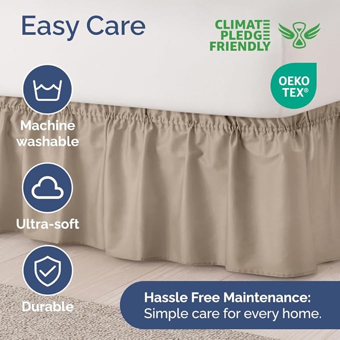 Wrap Around Dust Ruffle Bed Skirt - Cream - for Queen Size Beds w/ 14 Inch Drop - Easy Fit Elastic Strap - Adjustable Pleated Bedskirt w/Brushed Fabric, Wrinkle & Fade Free Women, Men, Kids & Teens