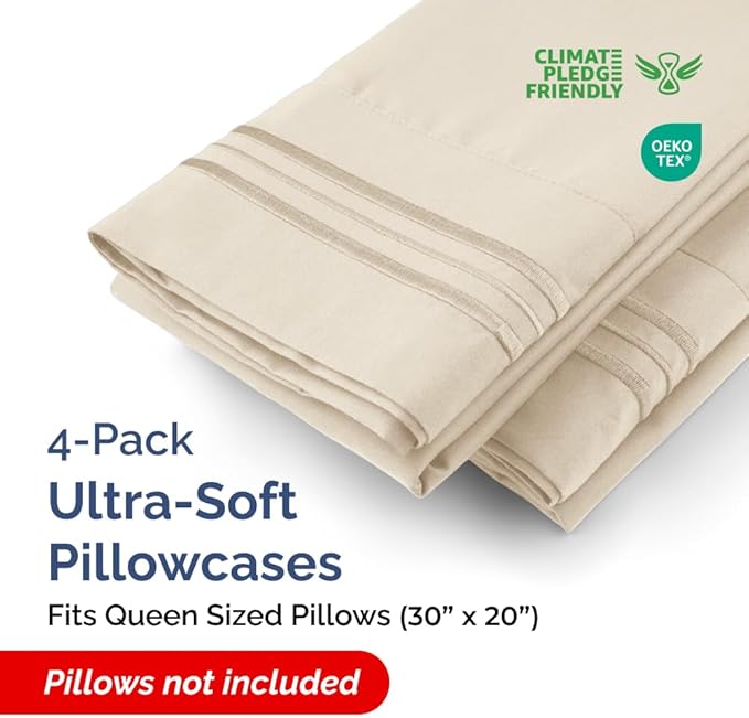 Queen Pillow Cases Set of 4 - Ultra Soft Hotel Quality Pillowcase Covers - Comfy, Cozy & Wrinkle Free - Shrinkage, Stain and Fade Resistant - Machine Washable Pillow Protectors - 4 Piece Set - Wheat