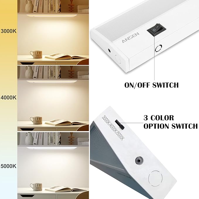 Ansen 4Packs of Under Cabinet Lighting Hardwired, 12IN 10W 666LM, Dimmable Led Light for Kitchen/Bar/Closet, CRI>92, R9>90, 3 Color Temperature, 3000K/4000K/5000K(Warm White, Cool White, Daylight)