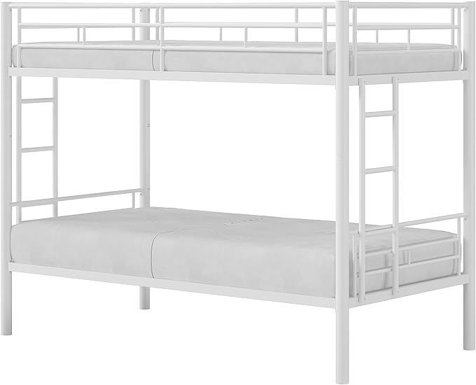 VECELO Bunk Bed Twin Over Twin, Metal Bunkbeds with Ladder and Full-Length Guardrail, No Box Spring Needed, Space Saving, Noise Free, White