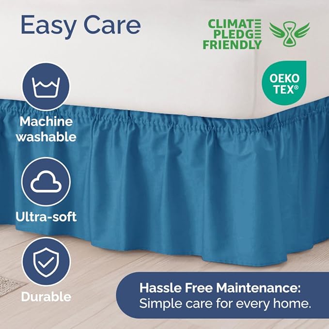 Wrap Around Dust Ruffle Bed Skirt - Denim Blue - Twin/Twin XL Size Beds with 12 Inch Drop - Elastic Strap - Adjustable Pleated Bedskirt with Brushed Fabric and Wrinkle Free - Women, Men, Kids & Teens