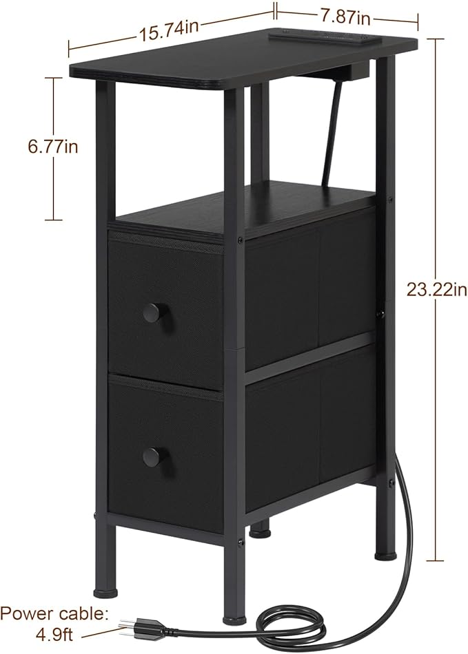 LOAKEKEL Narrow End Table Living Room with Charging Station, Skinny Side Table with Fabric Drawers, Slim Nightstand for Bedroom, Small Spaces, Couch, Black, HETNDP02BK-1