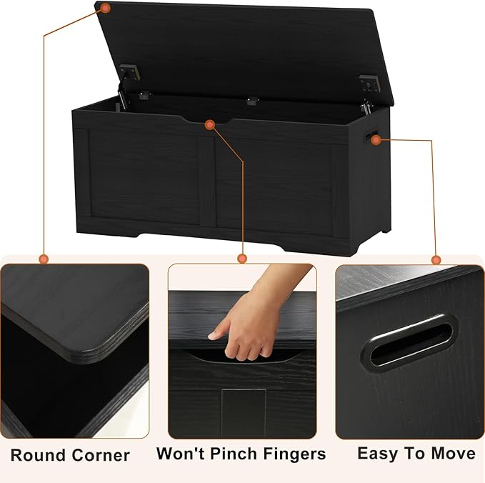 Timberer 39.4" Storage Chest, Wooden Storage Bench, Lift Top Toy Chest with 2 Safety Hinges, Large Toy Box, Entryway Bench for Living Room, Bedroom, Black
