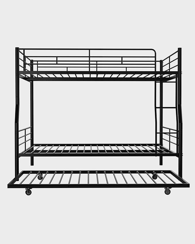 Full XL Over Queen Bunk Bed with Trundle, Heavy-Duty Queen Bunk Bed with with Safety Ladder and Full-Length Guardrail, Convertible to 3 Beds for Teens and Adults, Black